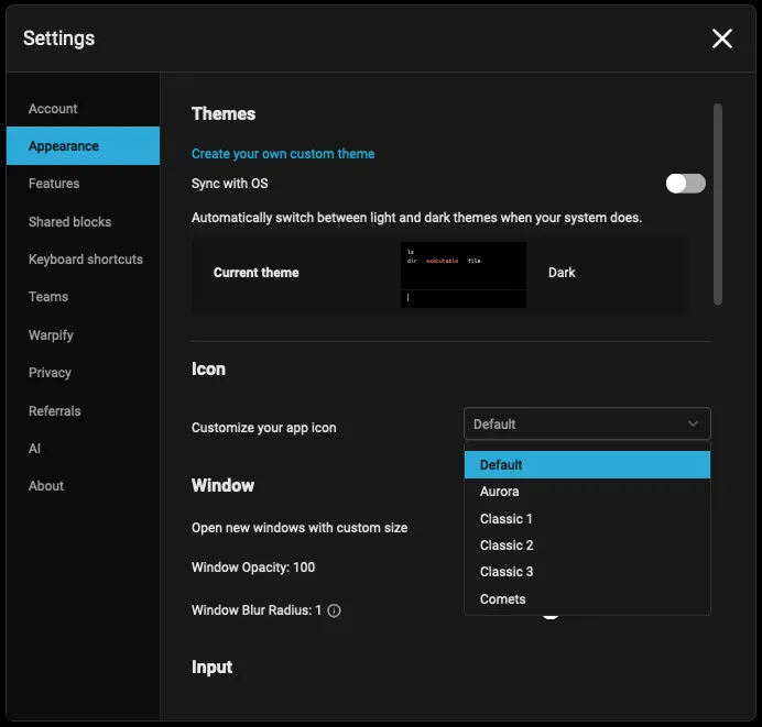 Icon customization drop-down menu